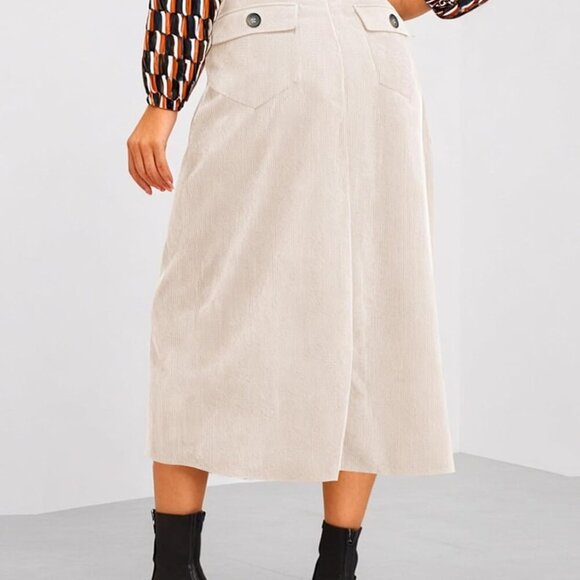 Womens Corduroy Skirts Casual Dressy High Waist A Line Split Midi Skirt with Poc - Picture 2 of 4